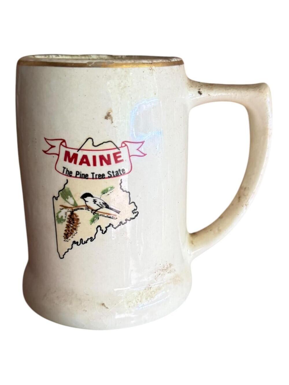 Vintage Maine The Pine Tree State Souvenir Coffee Mug Stein Gold Trim Ceramic